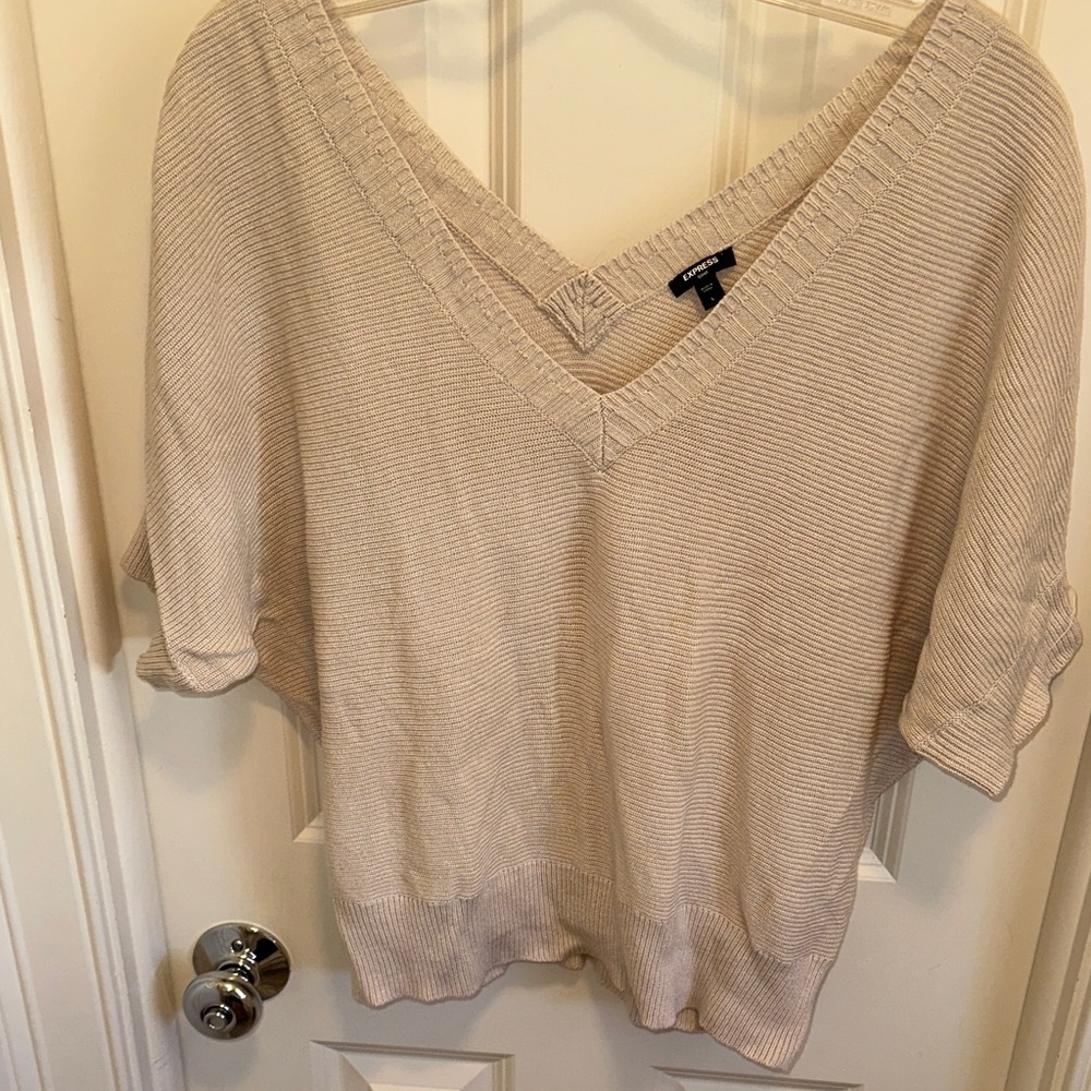 Express V-Neck Short Sleeve Sweater in Light Beige